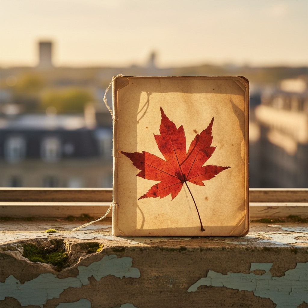 A close-up of a vintage, leaf-adorned book on an outdoor ledge.