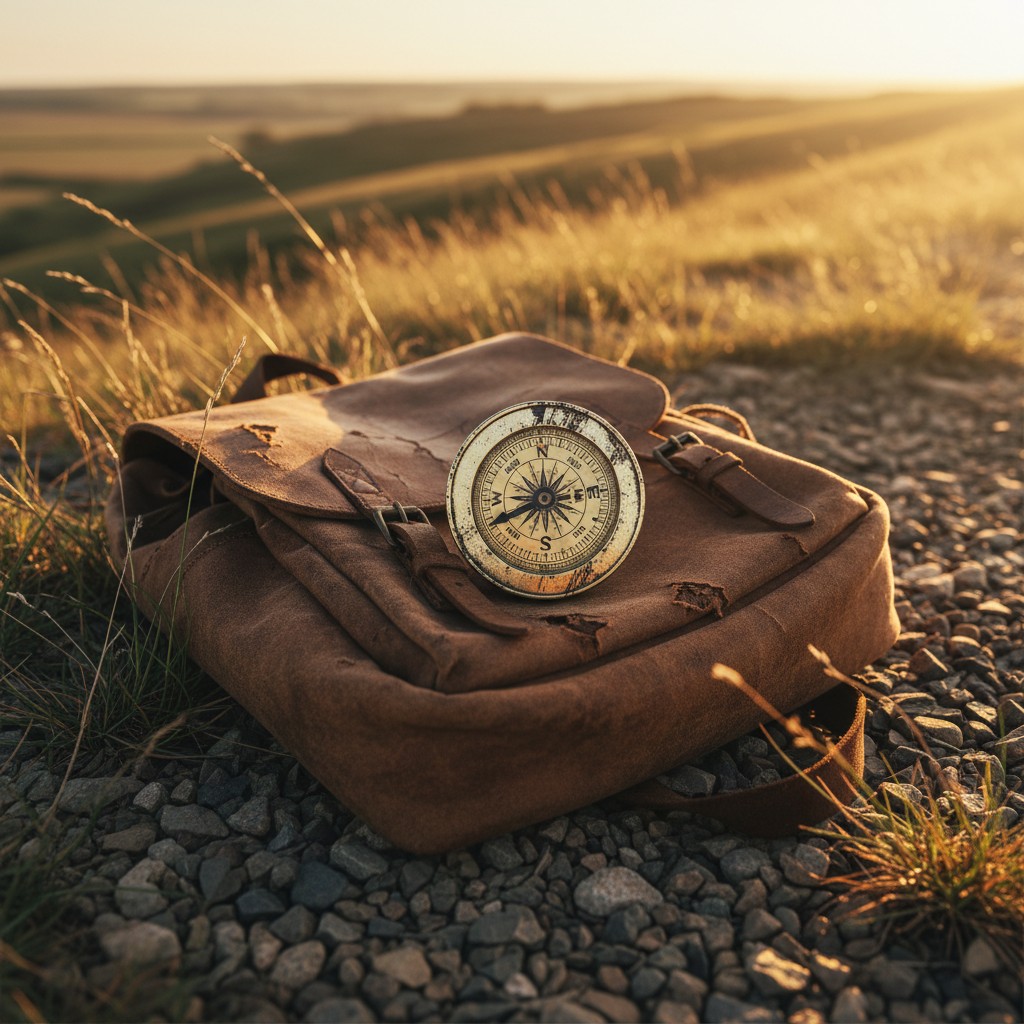 Retro compass atop a weathered leather backpack, exposed roots and rural landscape in the background at sunset.
