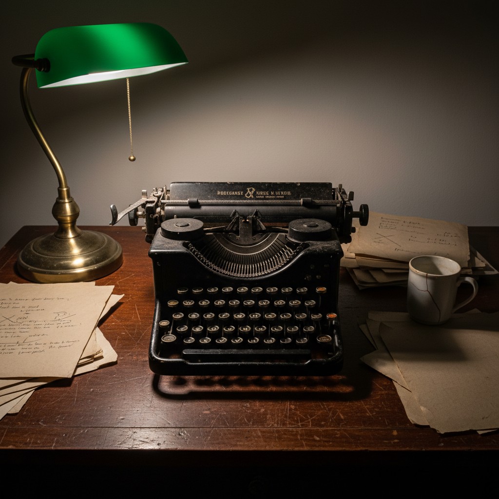 A vintage typewriter sits on a desk, surrounded by papers, surrounded by old papers, and a cup, beside a green desk lamp, ...