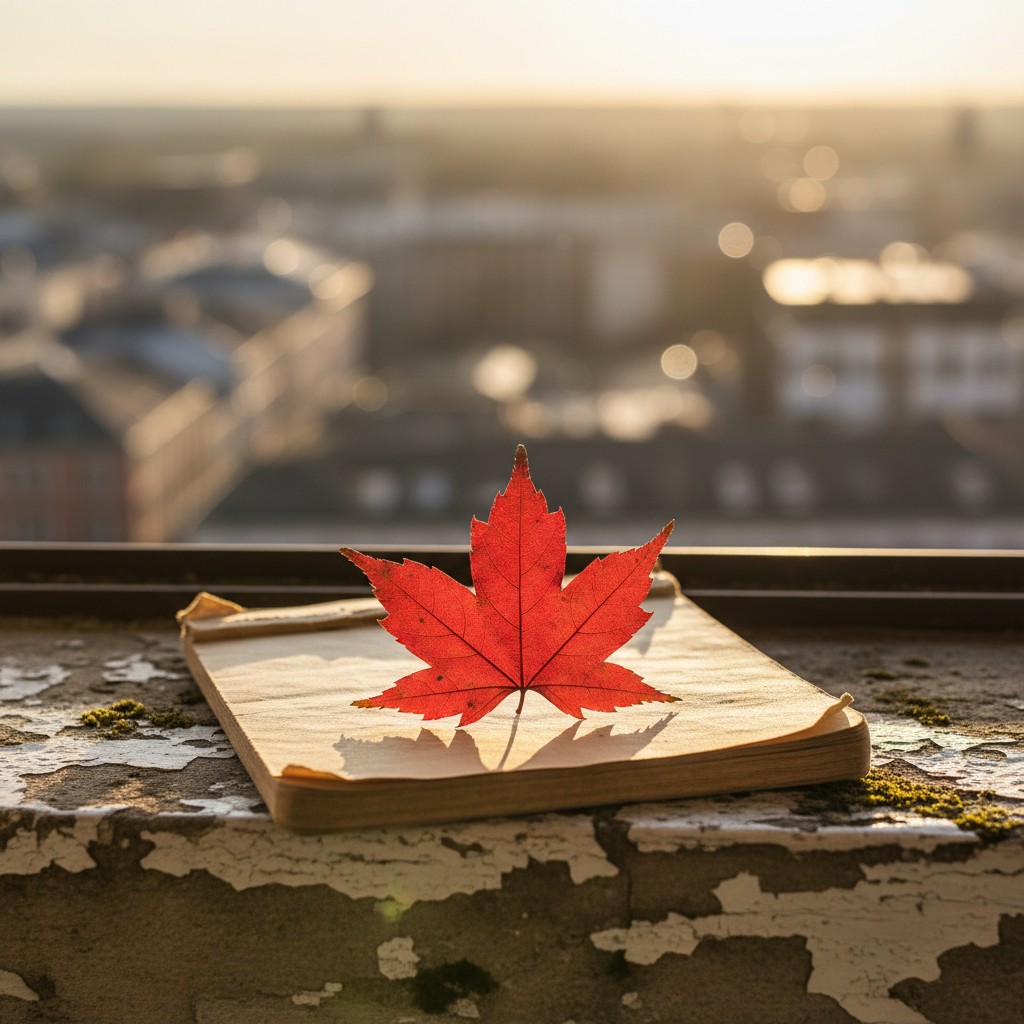 A red maple leaf rests on an old book placed on a window sill overlooking a transformed urban area.