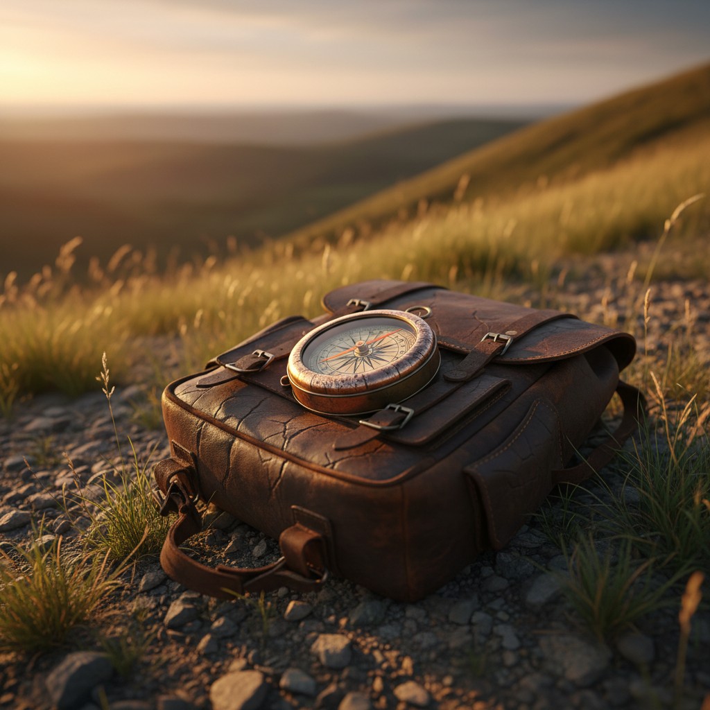 A leather backpack lies on the ground surrounded by grass, with the backpack facing a landscape set against a white cloude...