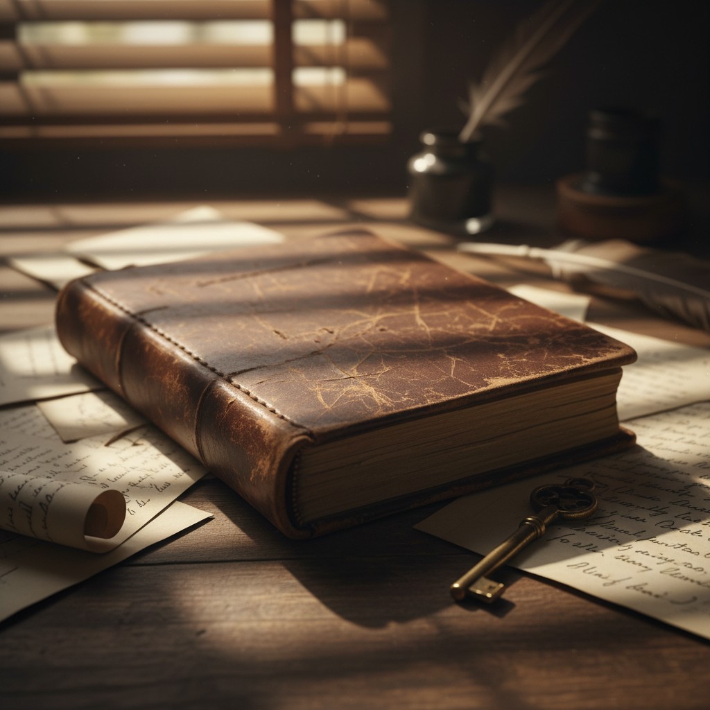 An old leather-bound book on a desk, accompanied by a key and handwritten letters.